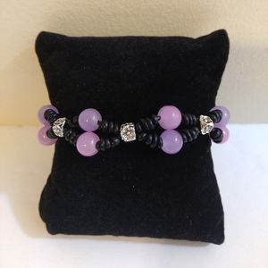 NEW Artisan Womens Classic Pink & Purple Glass Beads Black Leather Brace…